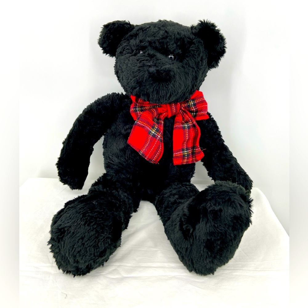 Stuffed Plush Teddy Bear Black w Red plaid Tartan Bow 22”‎ Long Noodle Kidoodle